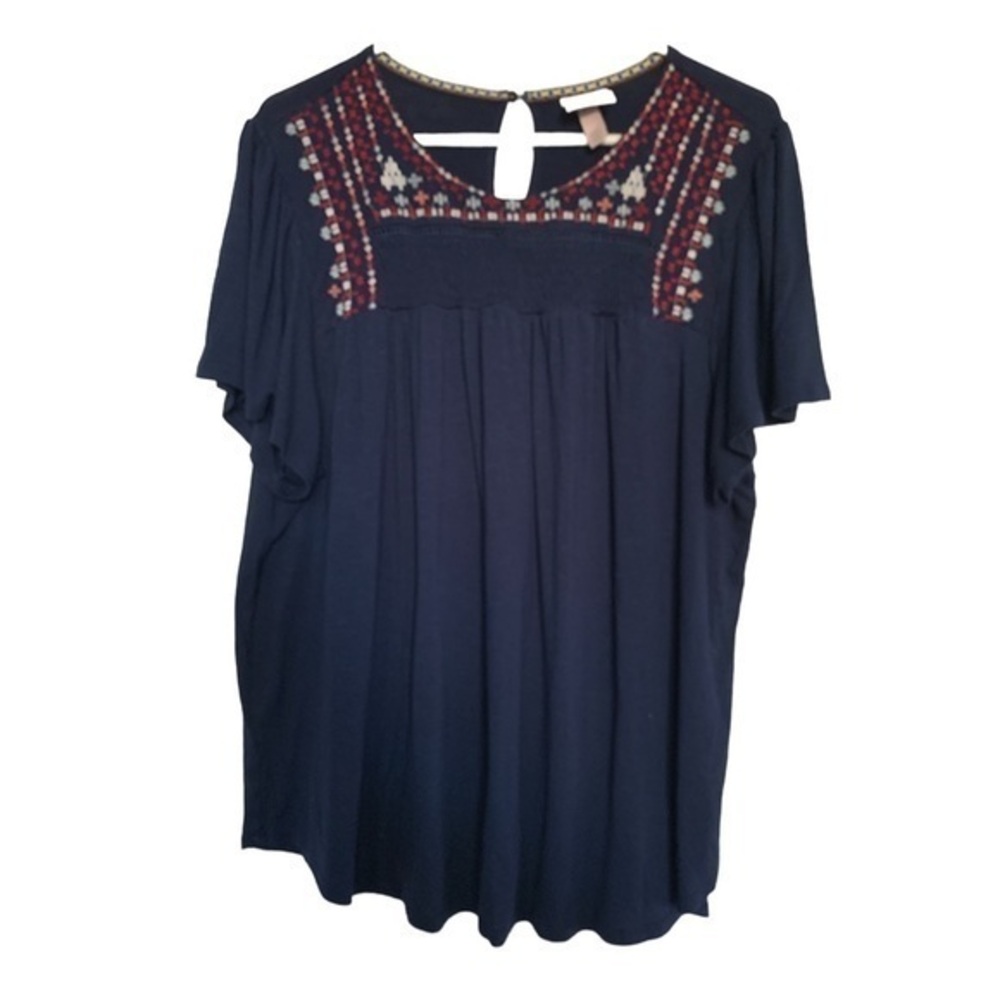 Knox Rose Anthropologie Bohemian Embroidered Navy Blouse Size XS EUC #7182